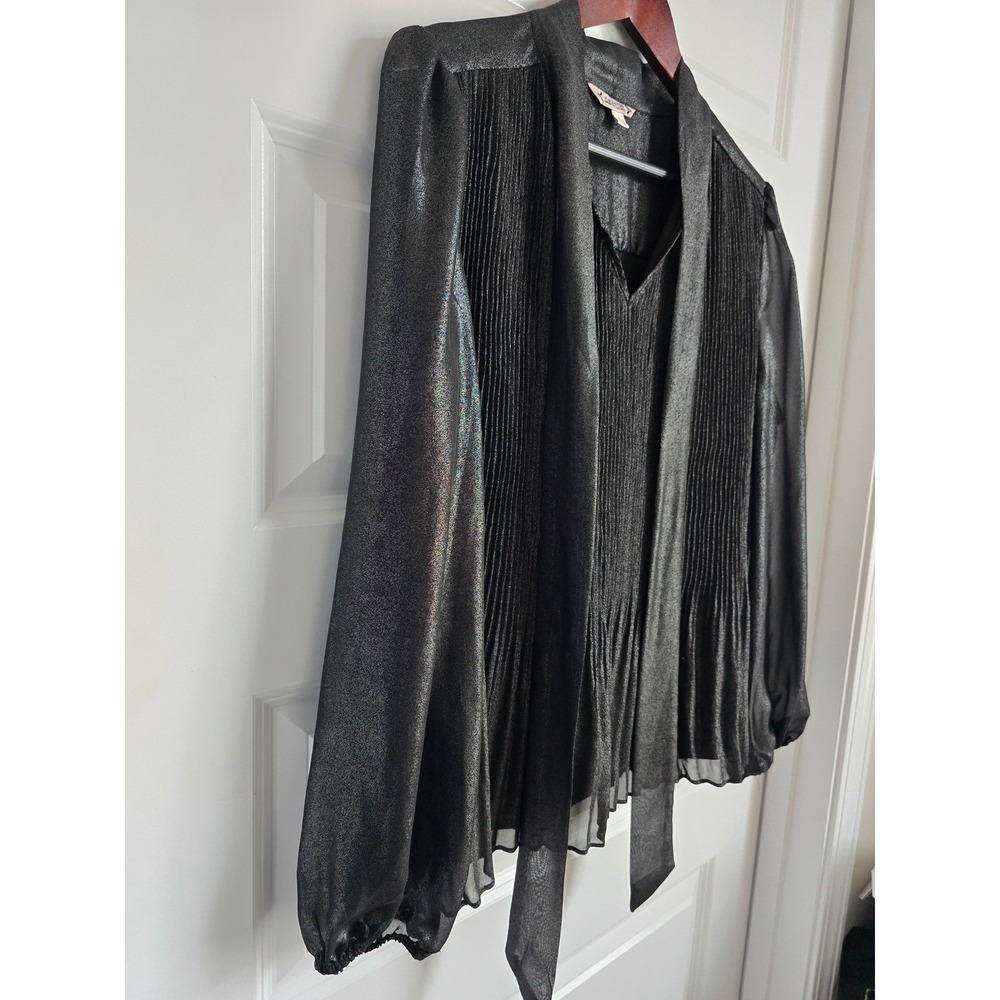 Nanette Nanette Lepore Metallic Black Pleated Tie Neck Blouse Long Sleeve Large